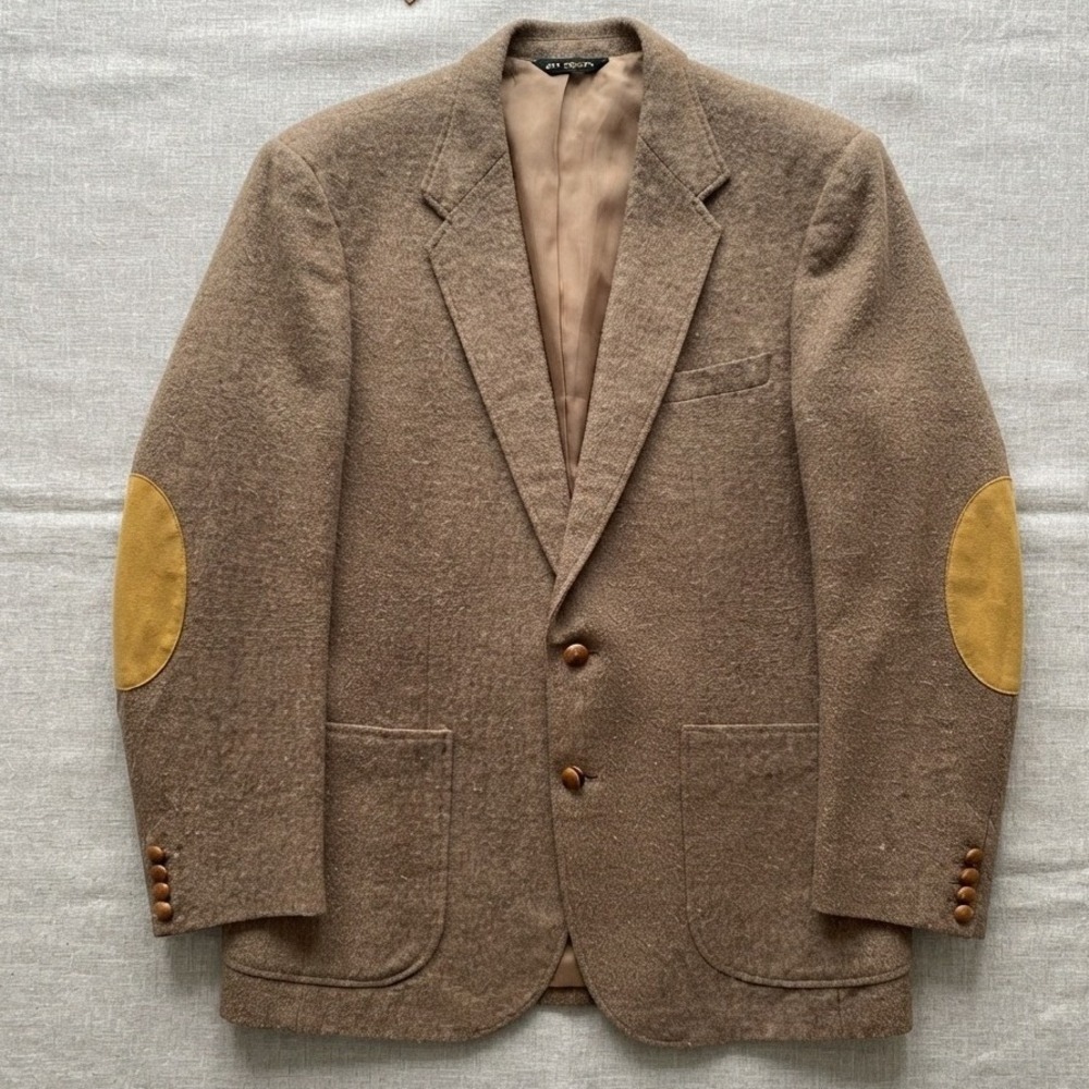 VTG Mens 44 Tan Tweed Wool Blazer Elbow Patches Sport Coat 2 wood Button Patch
